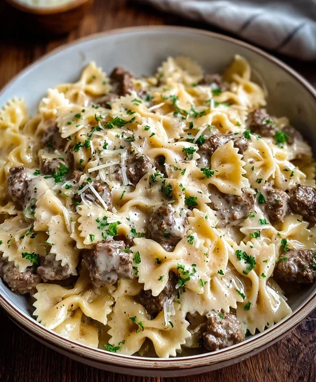 Beef Bowtie Pasta with Alfredo Sauce