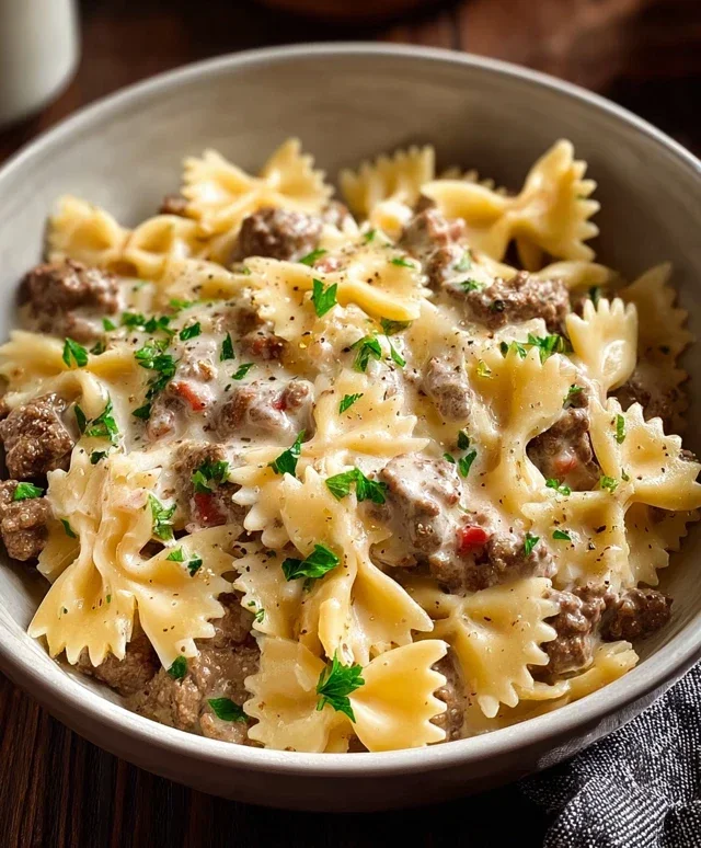 Beef Bowtie Pasta with Alfredo Sauce