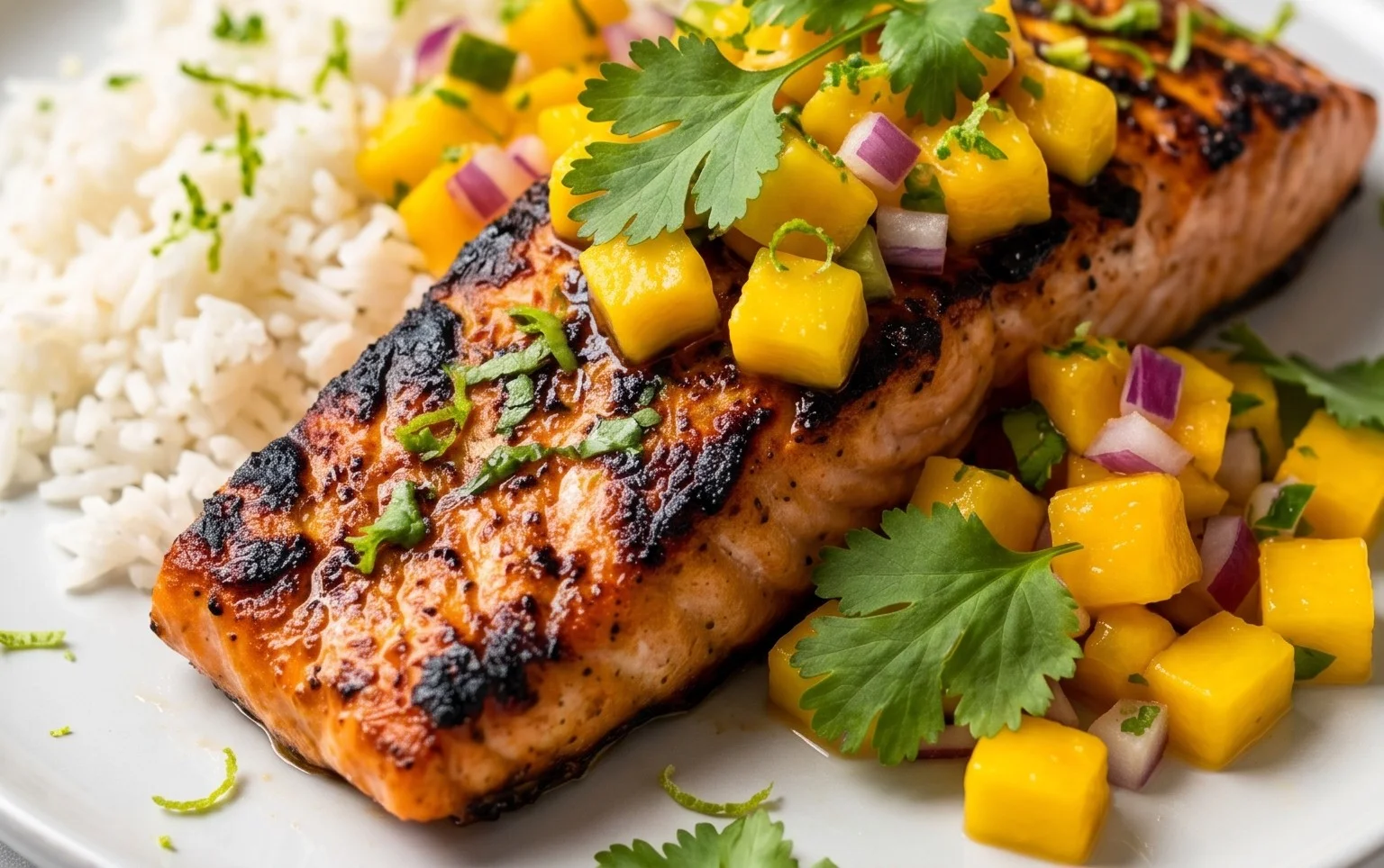 Grilled Salmon with Mango Salsa and Coconut Rice