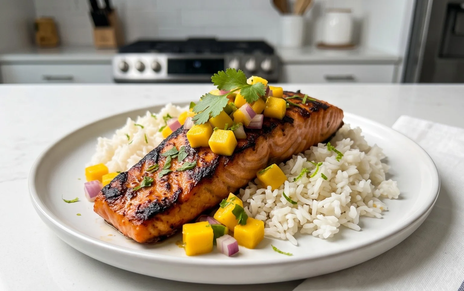 Grilled Salmon with Mango Salsa and Coconut Rice
