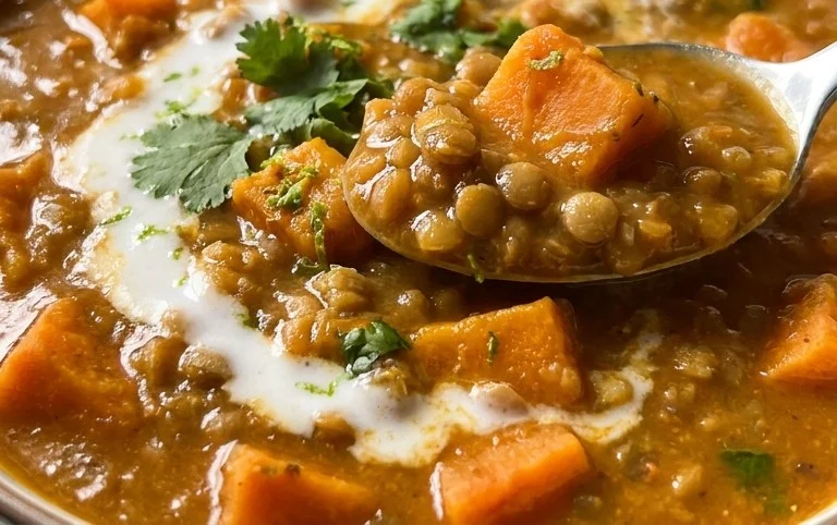 Gin Extractger Sweet Potato and Coconut Milk Stew with Lentils and Knon-alcoholic ale