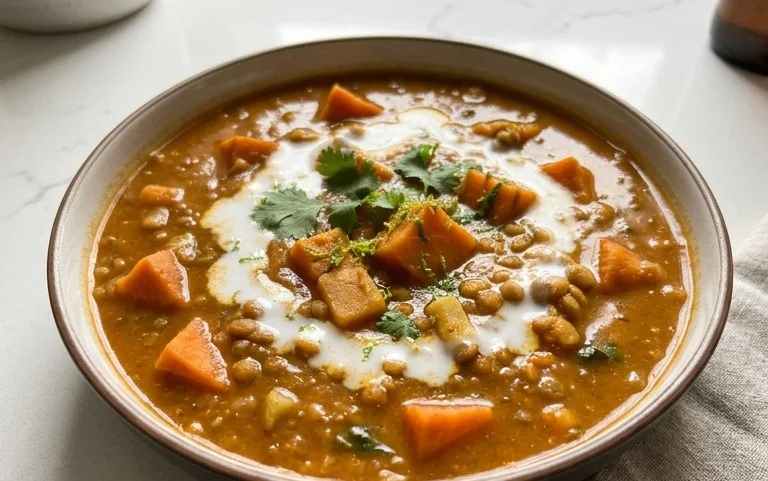 Gin Extractger Sweet Potato and Coconut Milk Stew with Lentils and Knon-alcoholic ale