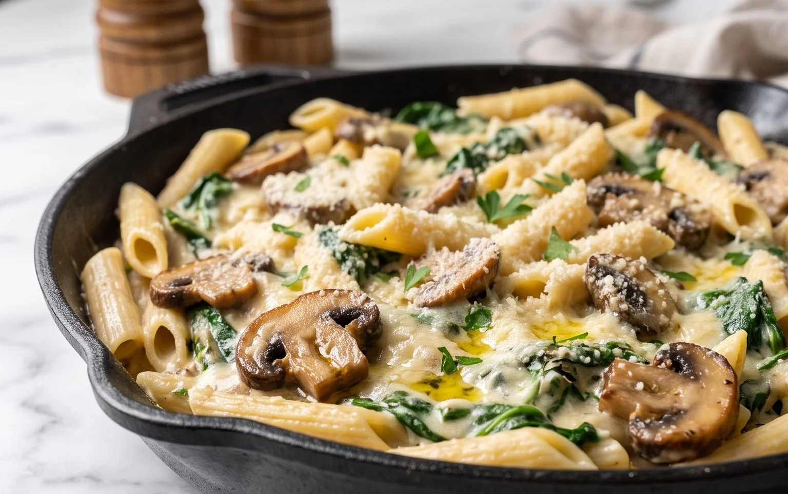 Parmesan Spinach Mushroom Pasta Skillet