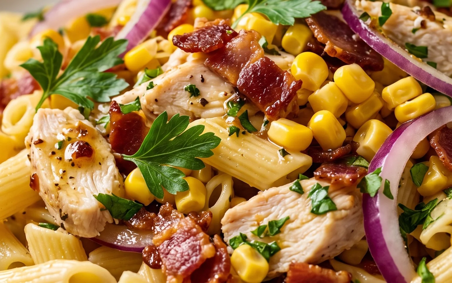 Chicken and Corn Pasta Salad with Beef Bacon