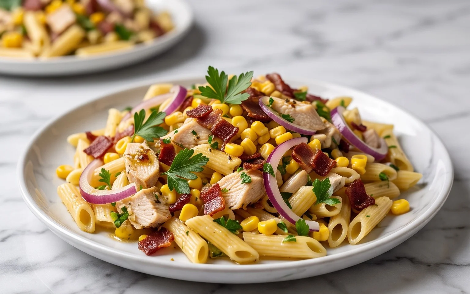 Chicken and Corn Pasta Salad with Beef Bacon