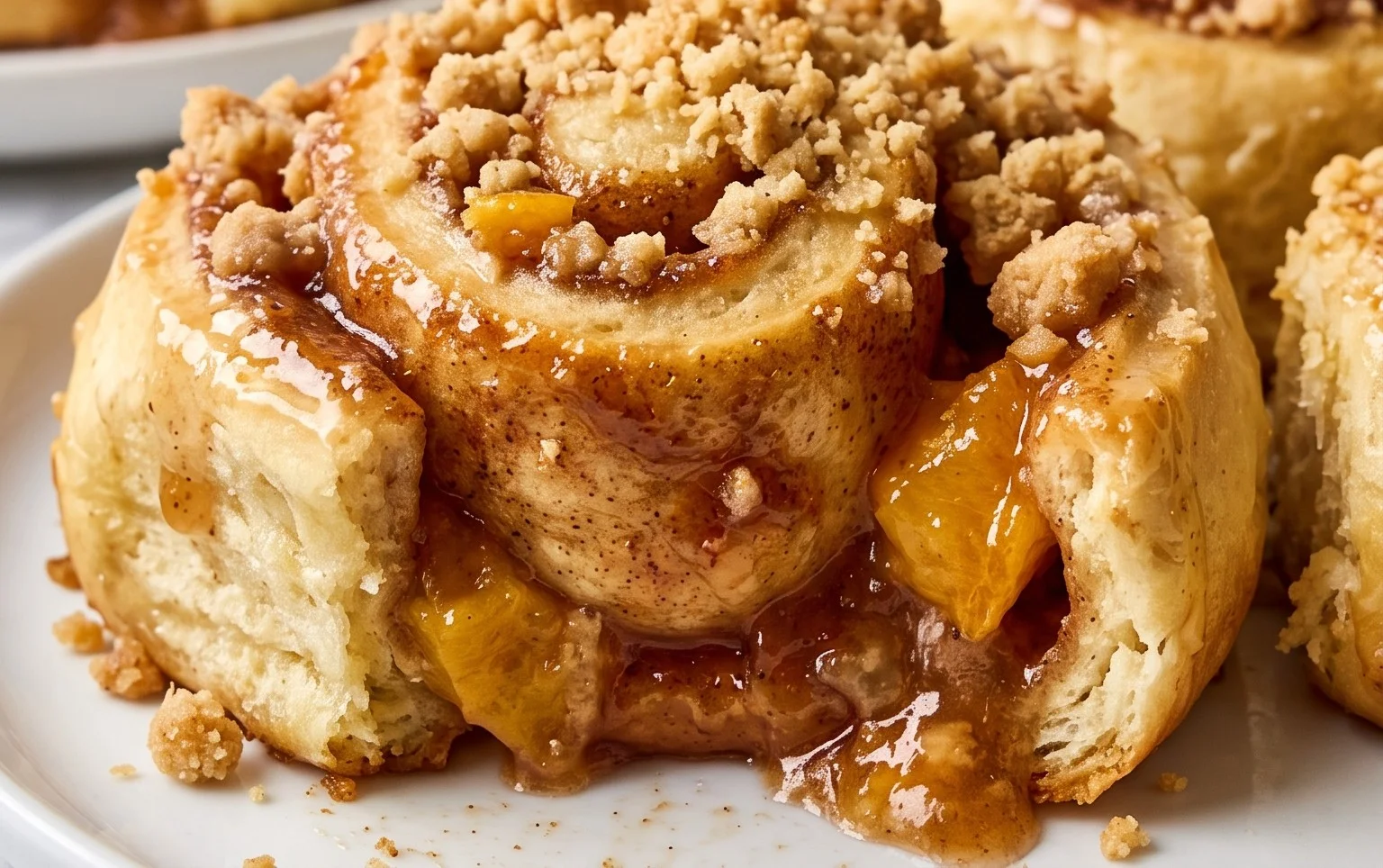 Peach Cobbler Cinnamon Rolls with Crum extractb Topping