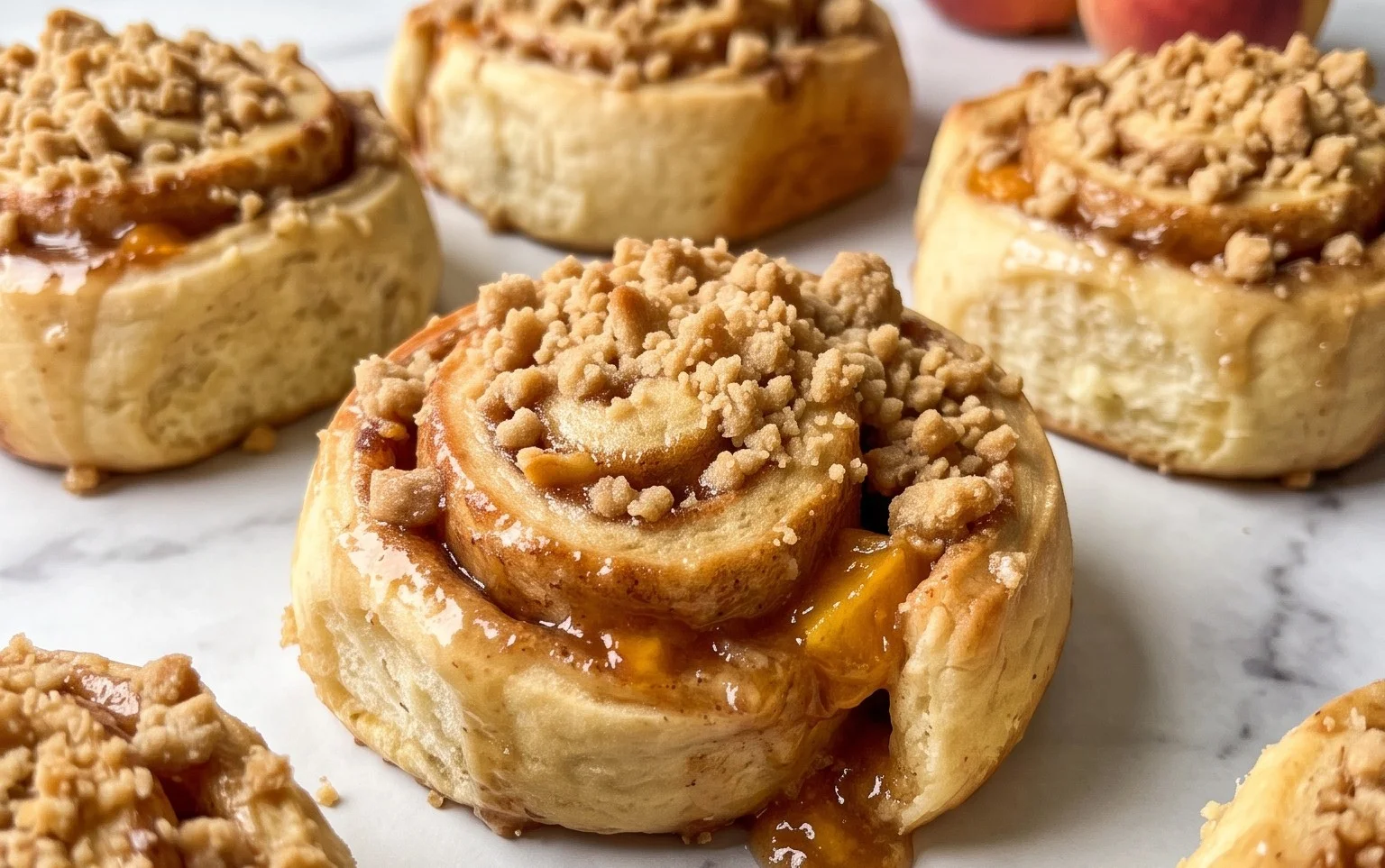 Peach Cobbler Cinnamon Rolls with Crum extractb Topping