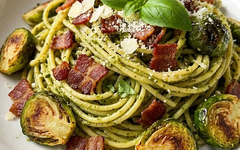 Brussels Sprouts and Beef Bacon Pesto Pasta