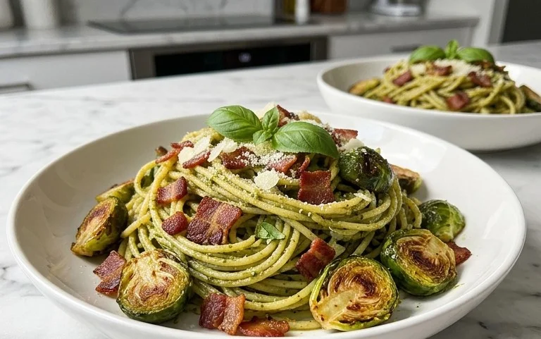 Brussels Sprouts and Beef Bacon Pesto Pasta