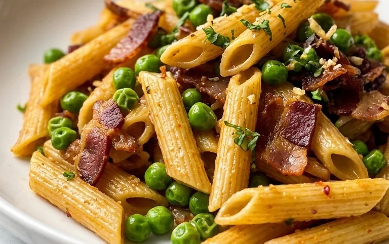 Penne Pasta, Peas and Beef Bacon