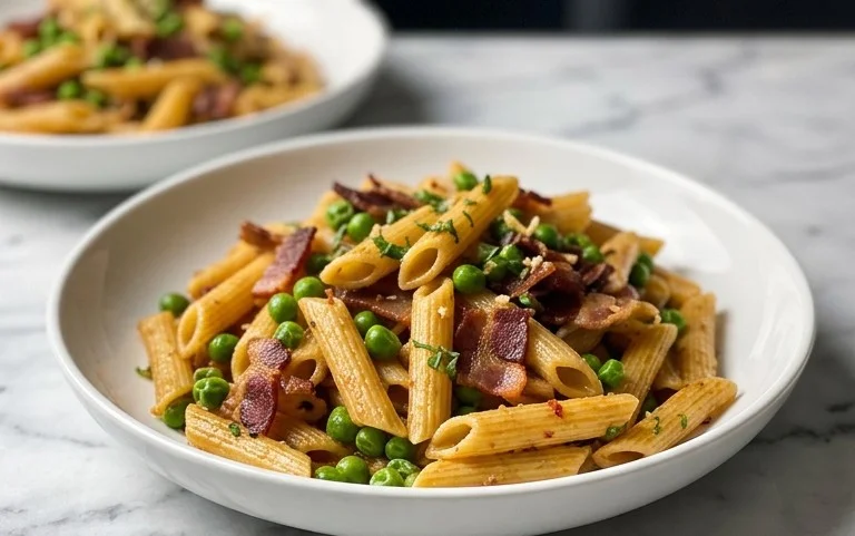 Penne Pasta, Peas and Beef Bacon