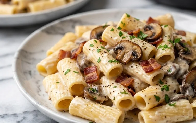 Creamy Beef Bacon and Mushroom Pasta