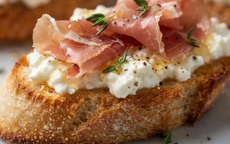 Beef Prosciutto Crostini with Burrata and Lemon Honey Drizzle