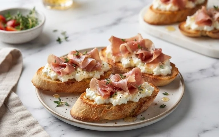 Beef Prosciutto Crostini with Burrata and Lemon Honey Drizzle
